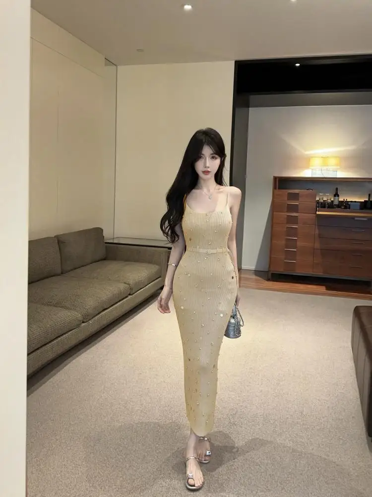 

Women's Grey Diamond Elegant Sleeveless Slim Slip Long Dress Summer Khaki Holiday Sexy Backless Party Dress Fashion Popular Chic