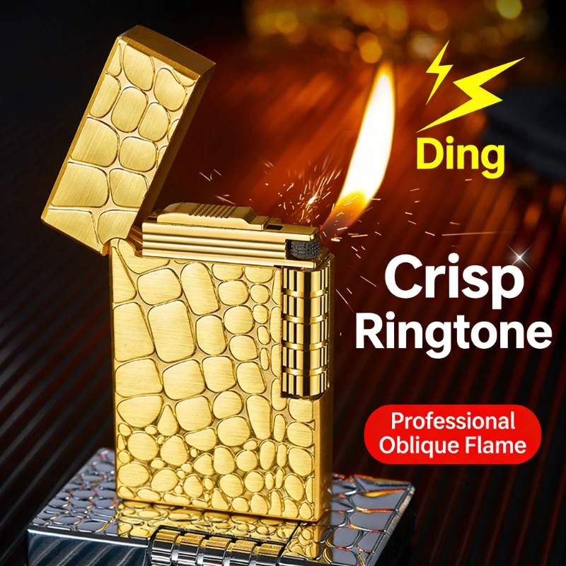 

Высококачественная звуковая зажигалка с крокодиловым узором, косое пламенное крестовое колесо, многоразовая металлическая 3D-тисненая боковая бутановая зажигалка