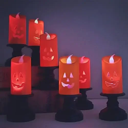 Candele di zucca senza fiamma LED Bagliore arancione Centrotavola da tavolo di Halloween Decorazione con sfarfallio spettrale Atmosfera stregata alimentata a batteria
