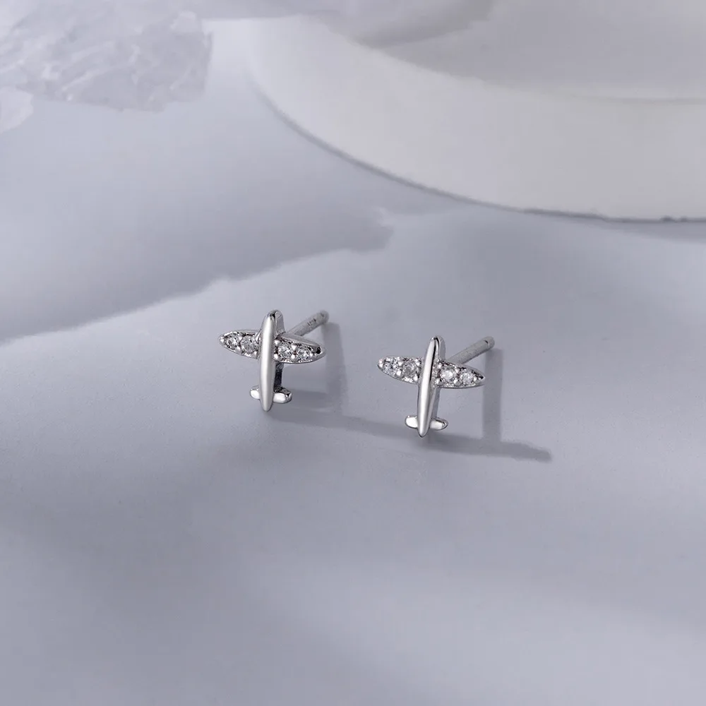 Minimalist ins style stud earrings with s925 silver and diamond-studded airplane design, perfect for cool and trendy women