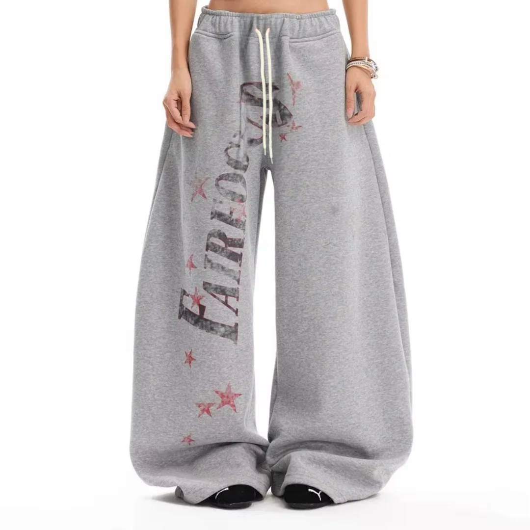 Unisex Quick‑Dry Sports Long Pants Y2K Vintage Star Letter Print Wide Leg Drawstring Hip‑Hop Streetwear Loose Casual Trousers