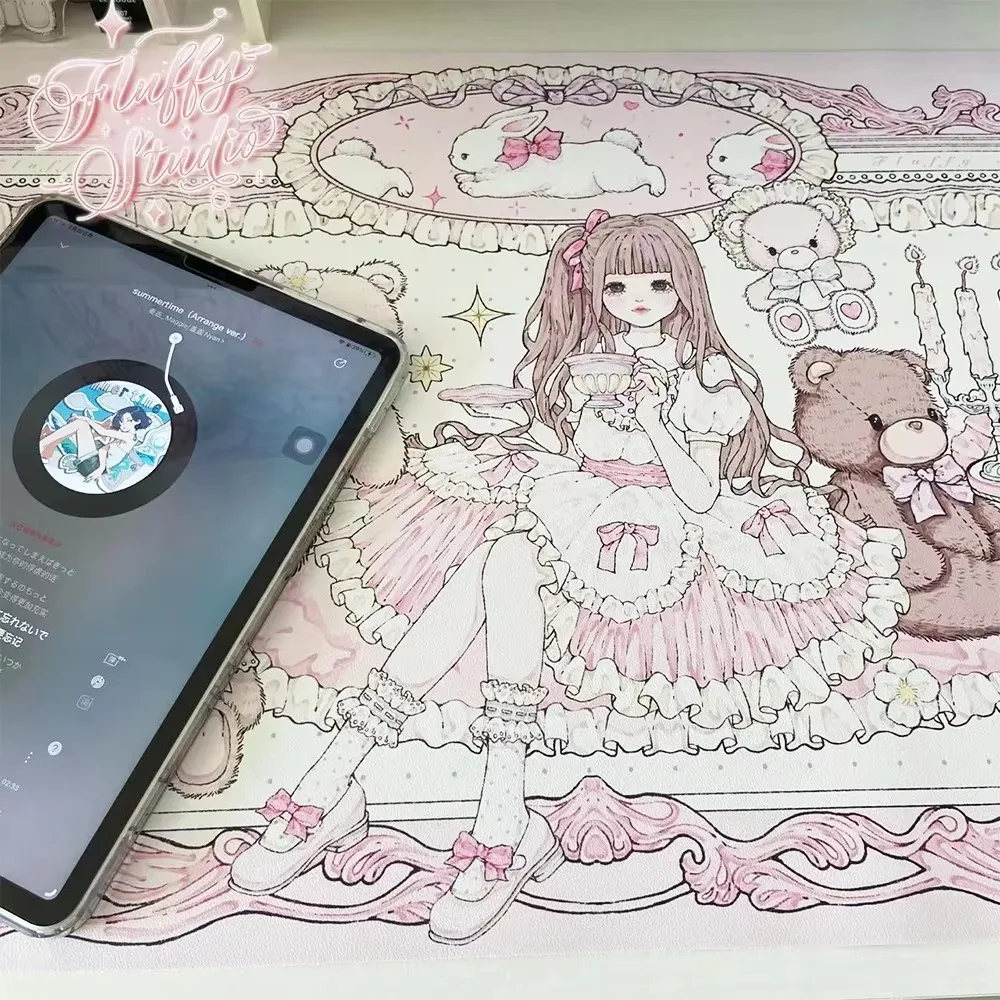 Leather Desk Pad Protector Anime Pink Bear Doll Party Kawaii Mouse Pad Office Desk Mat Waterproof Non-Slip PU Desk Blotter Pad