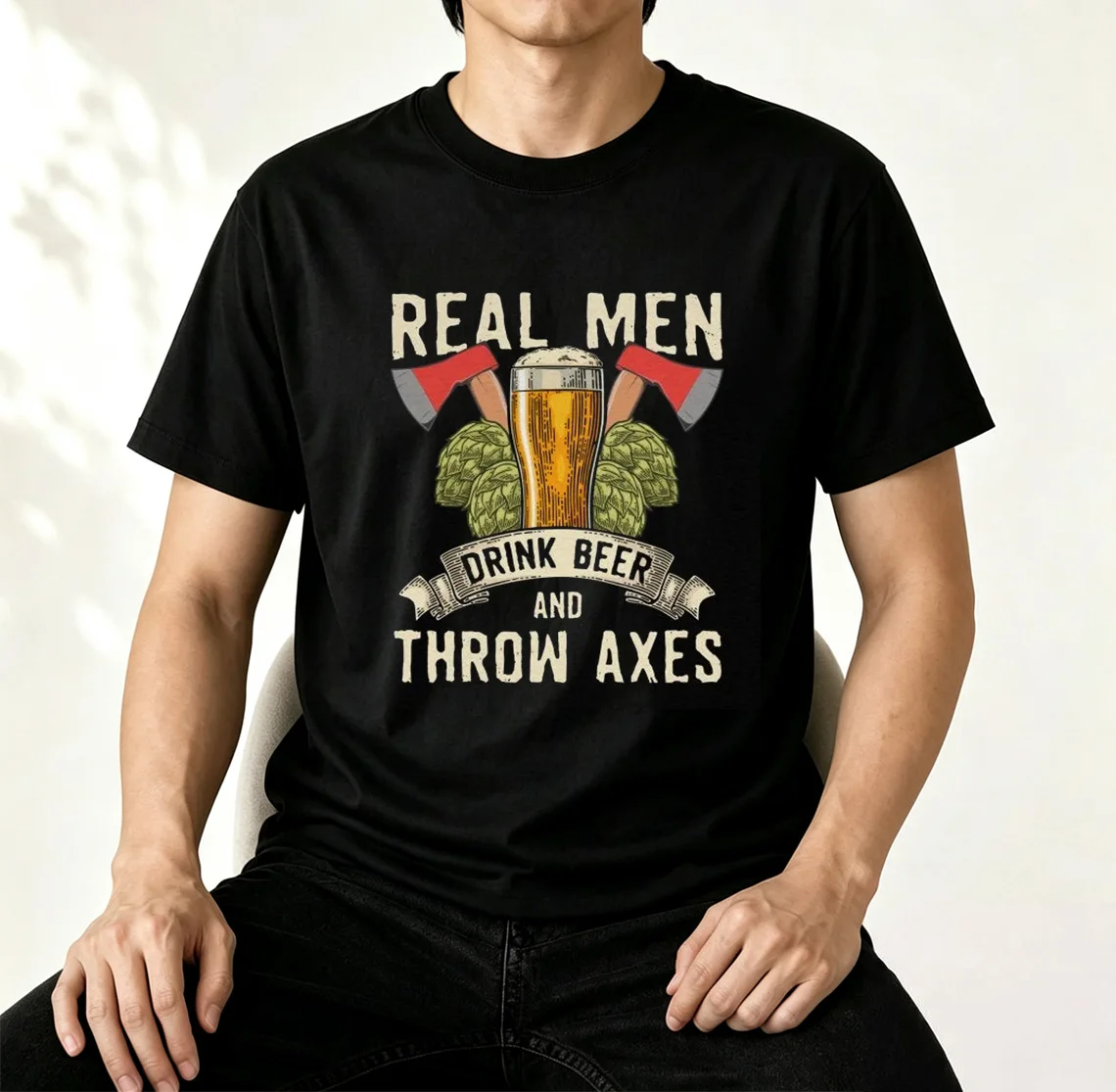 Real Men Drink Beer And Throw Axes Graphic T-Shirt Vintage Axe Throwing Beer Lover Unisex for Lumberjack Pub Tee