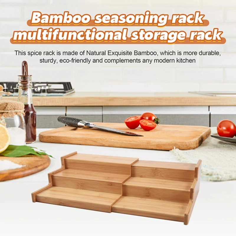 Spice Rack Kitchen Cabinet Organizer- 3 Tier Bamboo Expandable Display Shelf, Bamboo 3-Layer Adjustable Spice Rack-A79M view 6