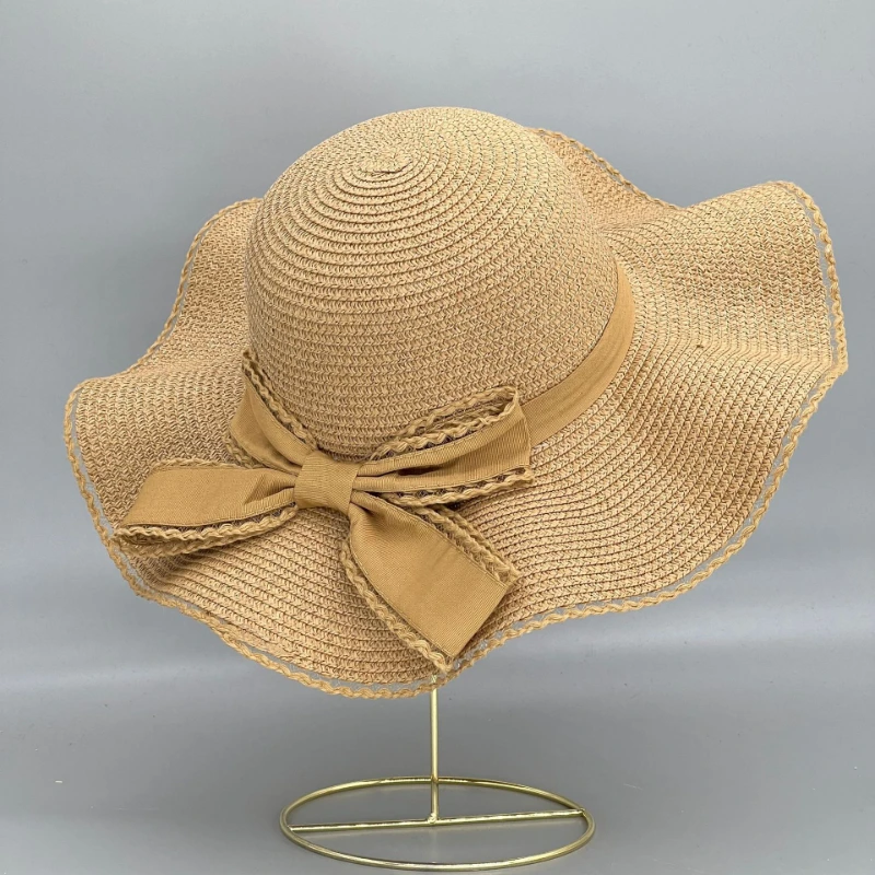 Summer Bow Hat Large Brimmed Straw Hat Outdoor Beach Sun Hat Women\'s Wave Border Sun Hat