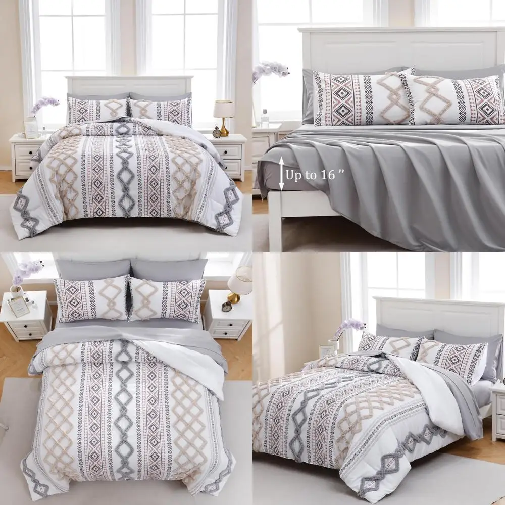 

King Size Tufted Boho Style 7-Piece Bedding Set with 100% Soft Microfiber Aztec Pattern Comforter