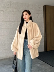 Fur Coat Women's Casual Loose Version Overcoats Stand Collar Mink Fur Mid-Length Basic Color All-Match Fashionable Warm Winter