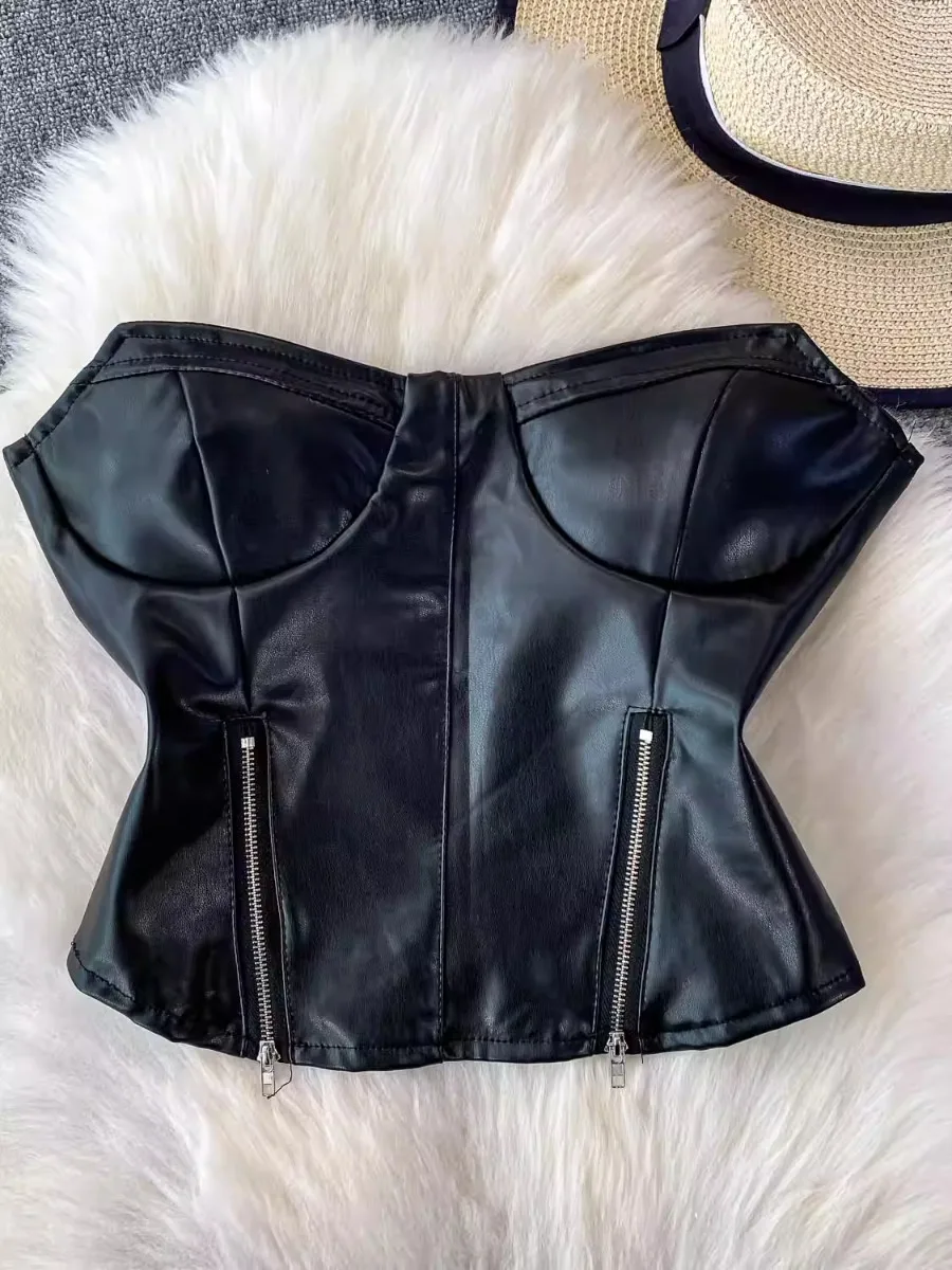 Foamlina Trendy Sweet Cool Hot Girl PU Leather Bandeau Vest European vintage Slim Fit Zipper Tie Up tube Top camisole
