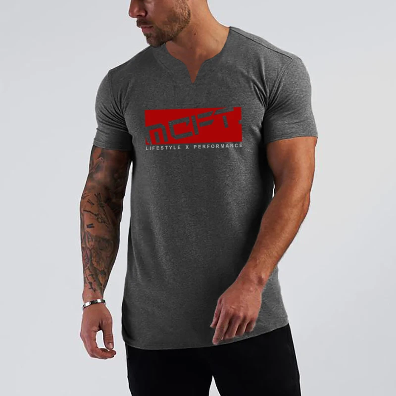 Gym Fitness Muscle Casual T-shirt Fashion Hip Hop Summer Cool Breathable Short Sleeve Tops Men Bodybuilding Cotton V-neck Shirts