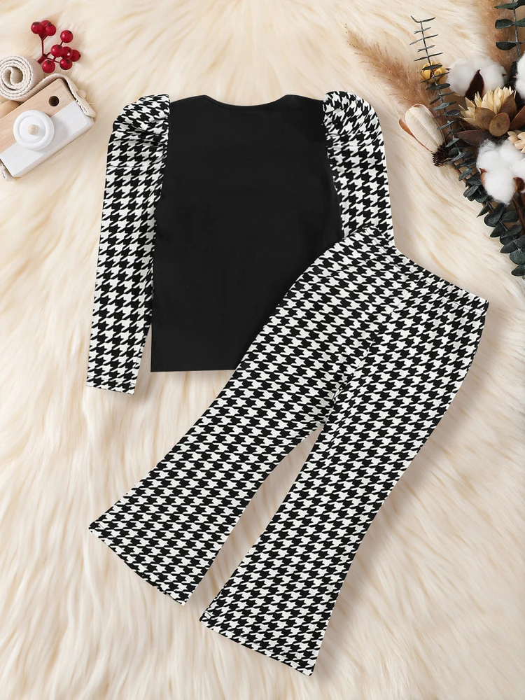 Girl's 2pcs Long Sleeve Top & Flared Pants Set, Heart Print Houndstooth Pattern Casual Outfits, Kids Clothes For Spring Fall