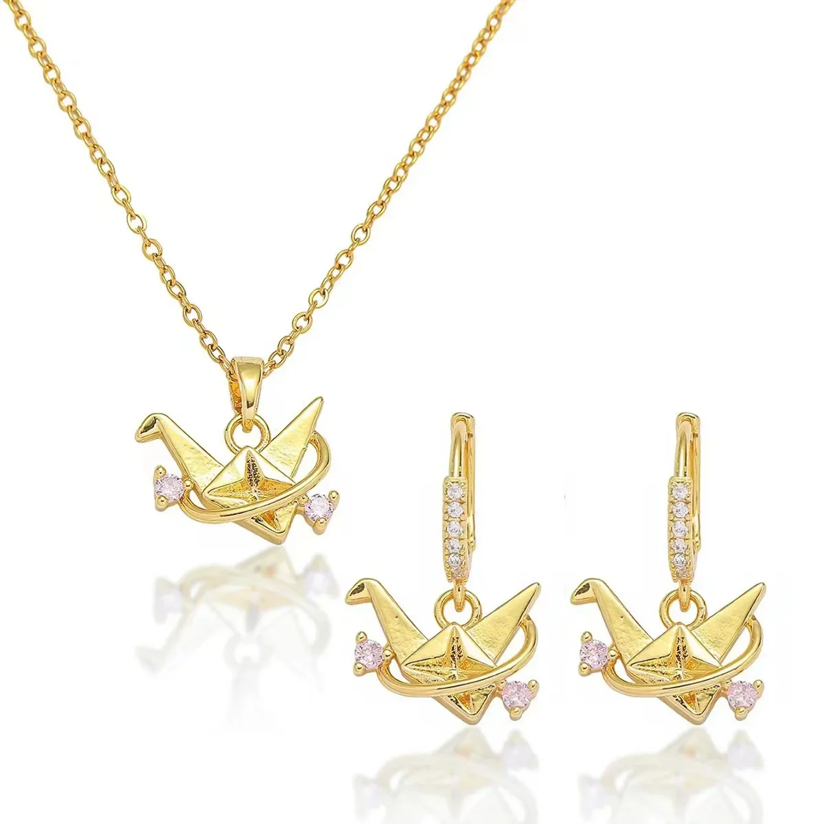 Trendy Cubic Zircon Stainless Steel Chain Jewelry Sets Cute Origami Crane Earrings Paper Bird Pendant Necklace Accessories Gift