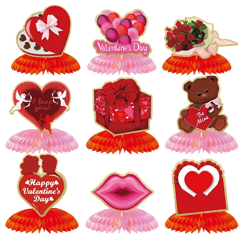 9Pieces Vintage Valentine's Day 3D Paper Heart Table Centerpiece Signs Valentines Table Toppers For Wedding Anniversary Durable