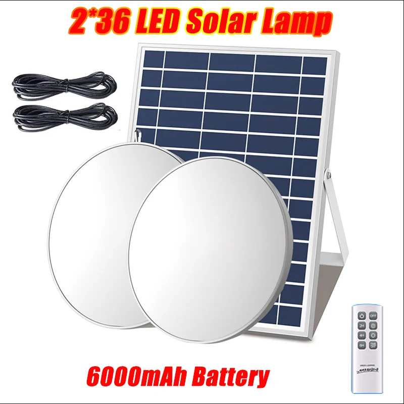 6000mAh Batery Solar Lamp 2*36 LED Powerful Lamp Remote Control Induction Garden Yard Garage Light IP65 Life Wterproof Lantern