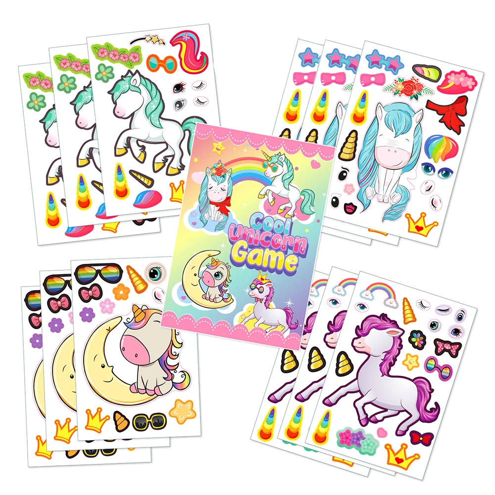 6/12Sheets Kawaii Unicorn Puzzle Sticker Animals Face DIY Toy Cartoon Assemble Jigsaw Stickers Kids Boys Girls Educational Game