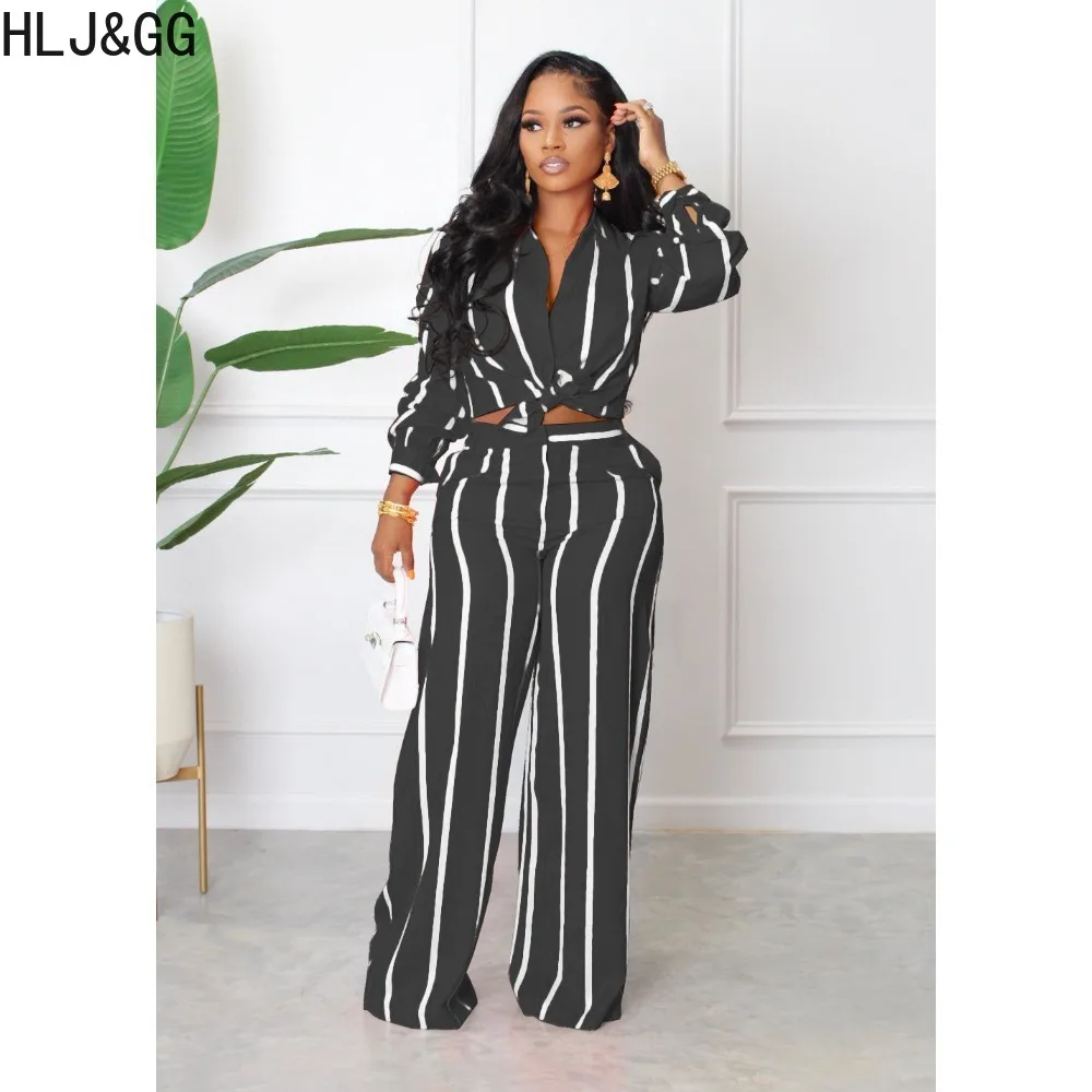 HLJ&GG Fashion Stripe Print Shirt Two Piece Sets Women Turndown Collar Button Long Sleeve Top And Wide Leg Pants Outfit Clothing