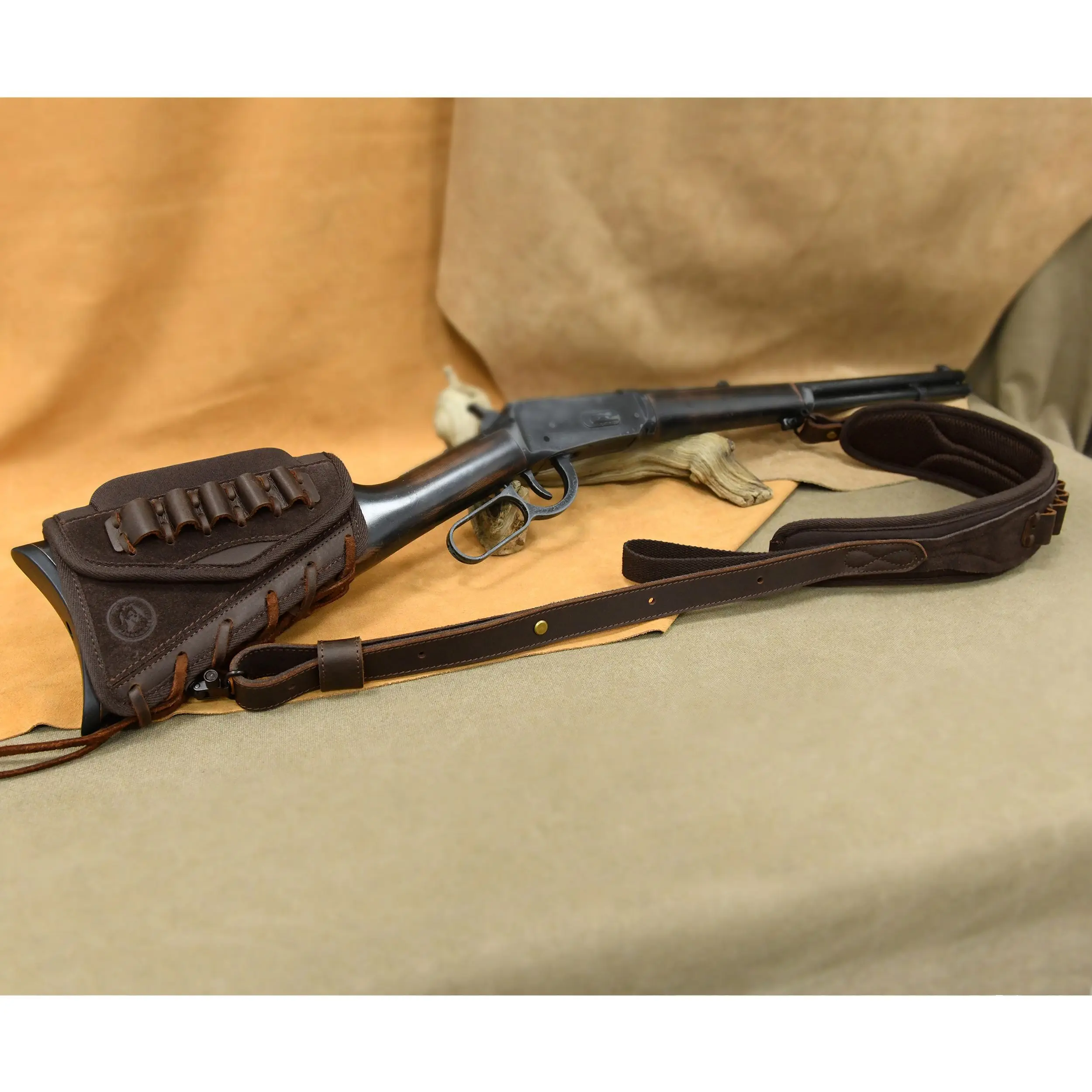 

Handmade Leather Cheek Rest Rifle Buttstock with Cartridge Holder Gun Sling for .308 45-70 30-30 .22lr Henry