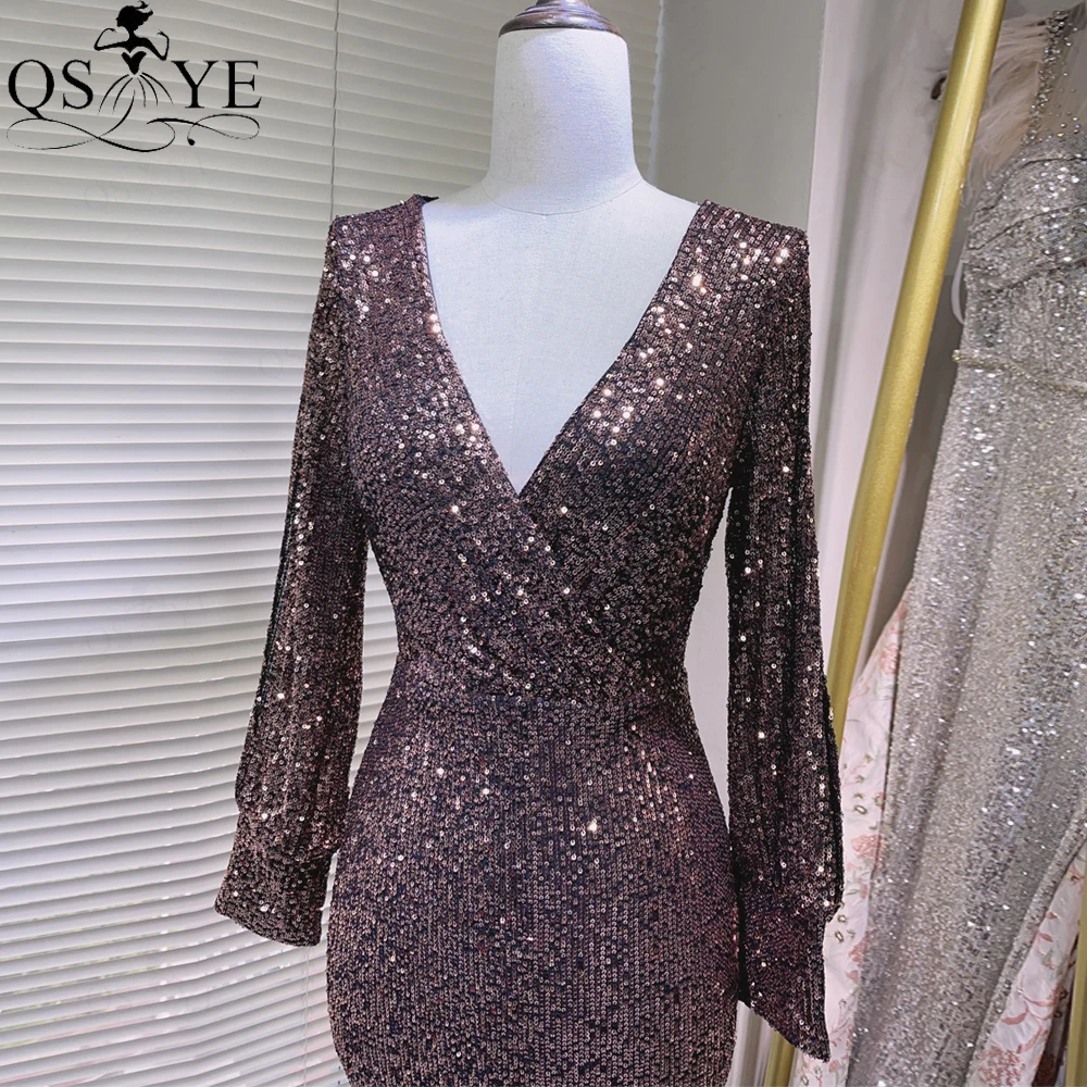 Long Sleeves Sequined Coffee Brown Evening Dresses Plugging V neck Fit Mermaid Prom Gown Glitter Sparkle Ruched Formal Dress