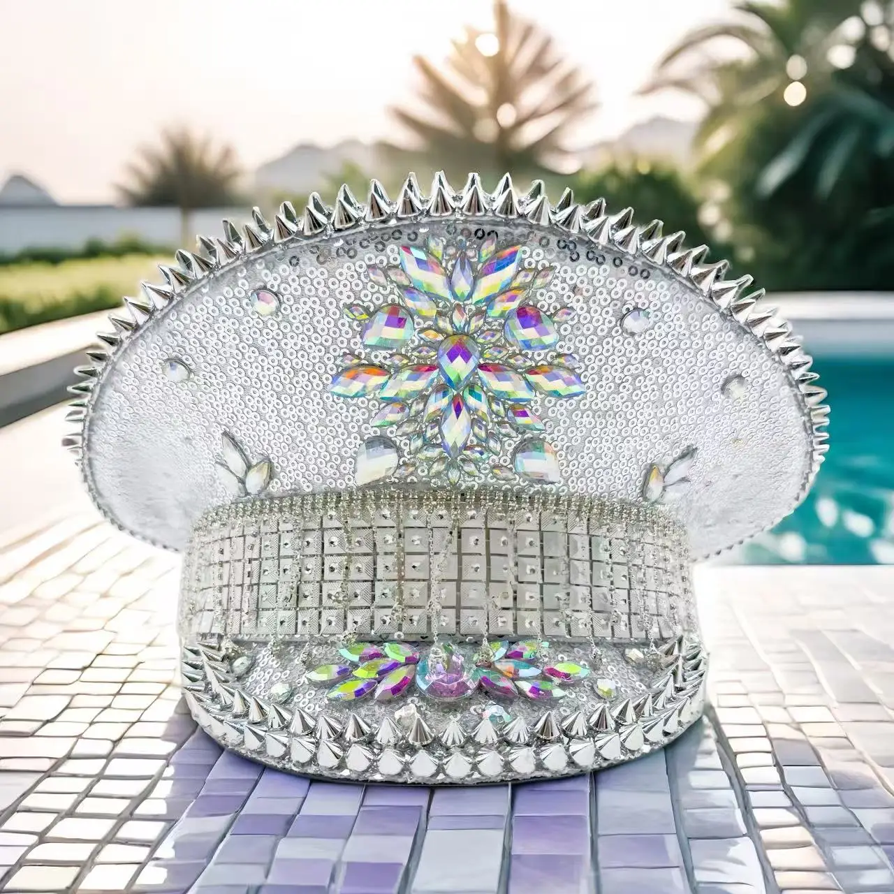 HongLuan Yellow Laser Leather Loop Captain Hat Rhinestone & Military Caps for Woman, Rave Festivals Accessories ＆ Party Cap Man