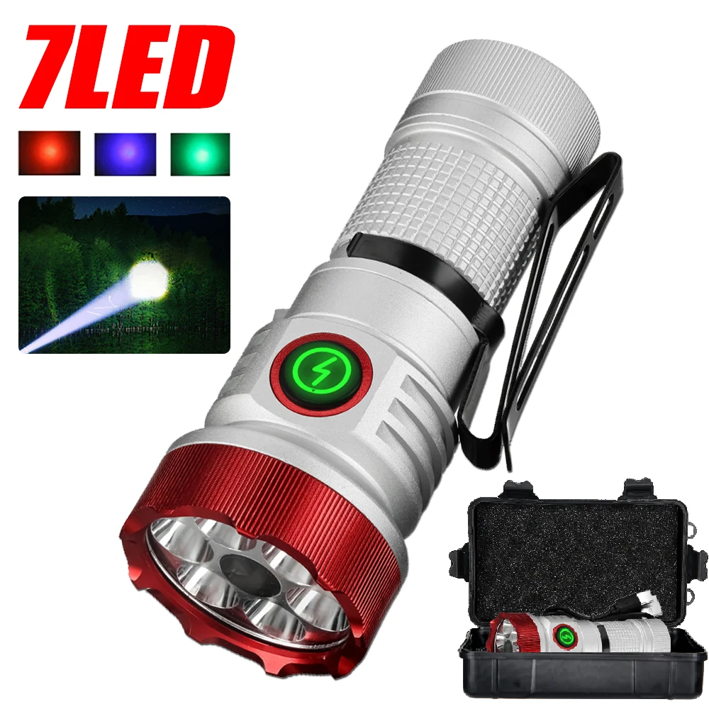 Super Bright 7LED Flashlight with RGB Light USB Mini Powerful Tactical Torch UV Detection Lighting Tool Outdoor Emergency Light