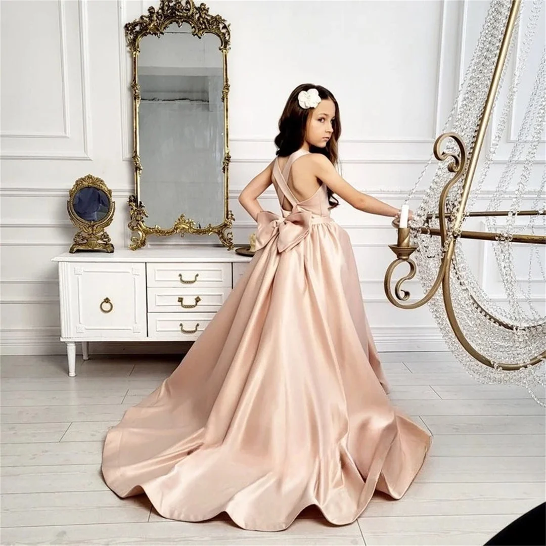 

Атласное платье с цветочным узором для девочек, свадебное платье для девочек, длинное тюлевое платье со шлейфом, пышные платья цвета слоновой кости для девочек, бальное платье, вечерние платья