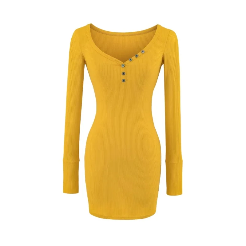 

Heart-neck Buttoned Long-sleeve Dress For Women Early Spring Sexy Stretchy Slim-fit Solid Color Bodycon Short Dress Elegant ST20