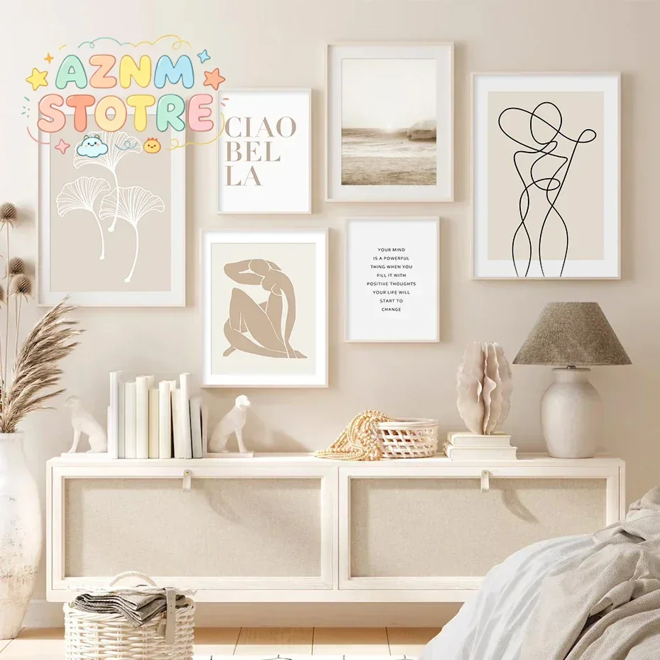 Neutral Gallery Beige Abstract Figure Line Art Wave Bedroom Decor Canvas Paintings Poster Pictures Prints Apartment Wall Deco