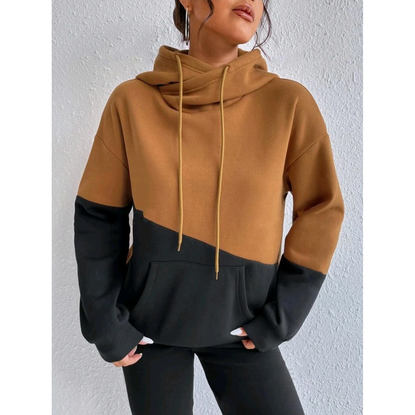 

Patchwork Hoodie Color Blo Loose Casual Women's Sweatirt Polyester Fabric Long Sve Hooded Pullover Autumn Faion