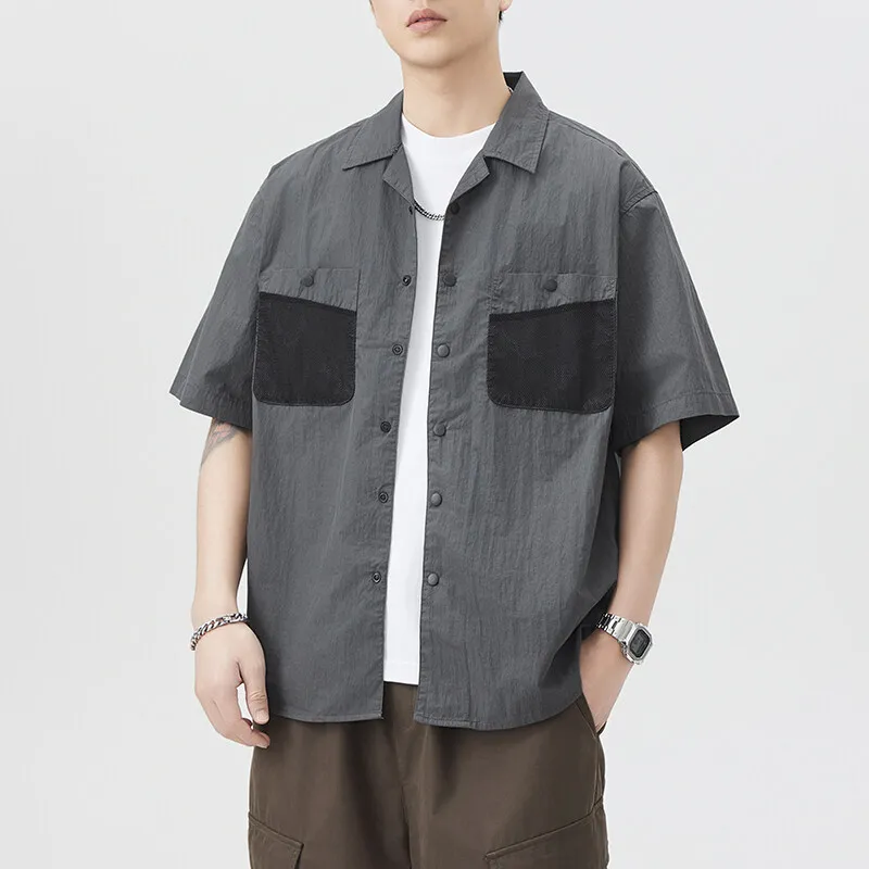 

Summer Men Mesh Splice Pocket Casual Loose Plus Size Short Sleeve Outdoor Cargo Shirt Cityboy Streetwear Oversize Shirts Blouses