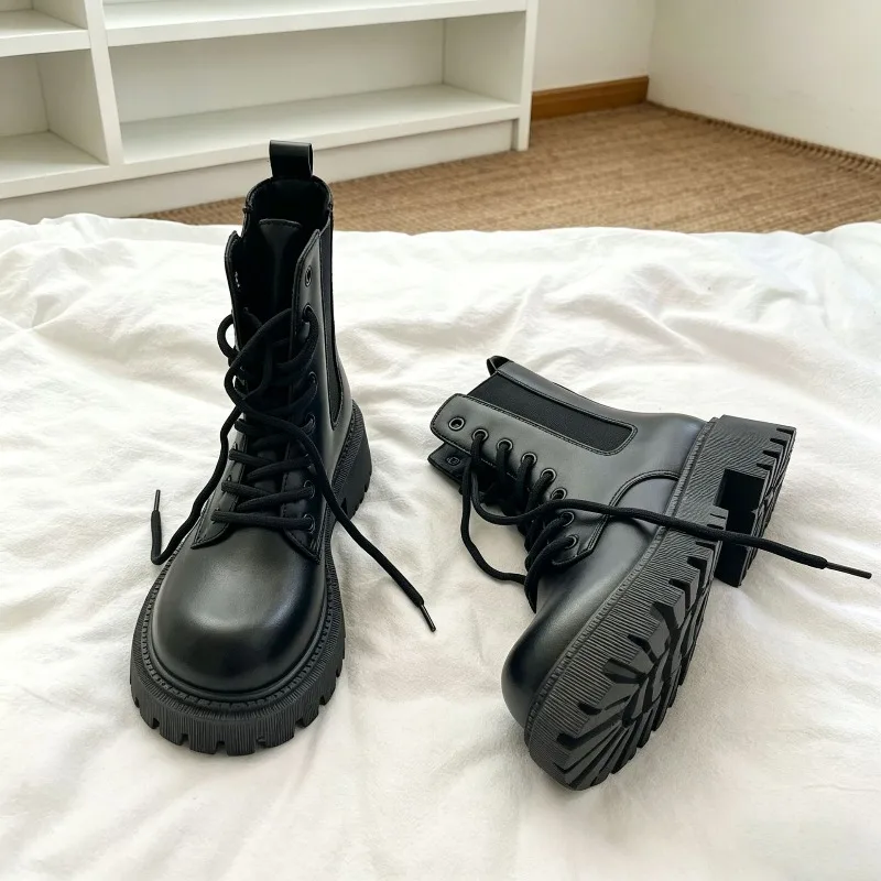 New Women Punk Lace‑Up Ankle Boots Autumn Winter Round Toe Platform Short Booties Outdoor Non‑Slip Women Casual Walking Footwear