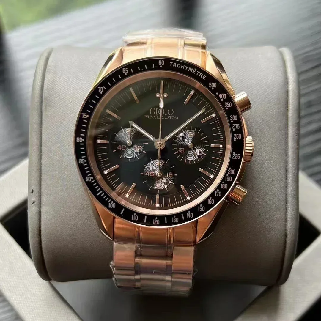 2023 Luxury Men's Quartz Chronograph VK63 Movement Watch Stainless Steel Rose Gold Green Speed Leather Wristwatch