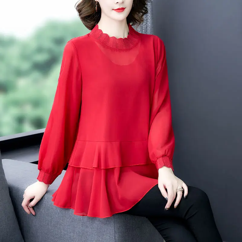 Fashion Solid Color Folds Ruffles Chiffon Blouse Women Clothing 2023 Autumn New Oversized Casual Pullovers Loose Commute Shirt