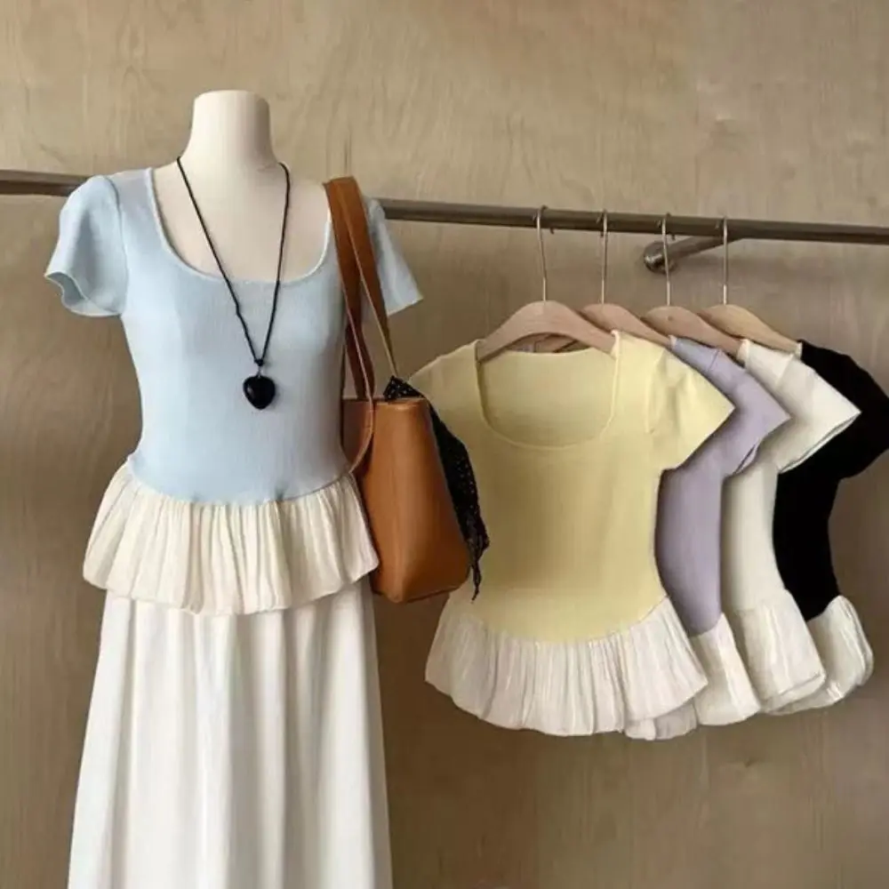 

Fashion Short Sleeve Summer Knitted T-Shirt U-neck Slim Fit Sweet Crop Tops Patchwork Korean Style Mesh Ruffle T-Shirt Girls