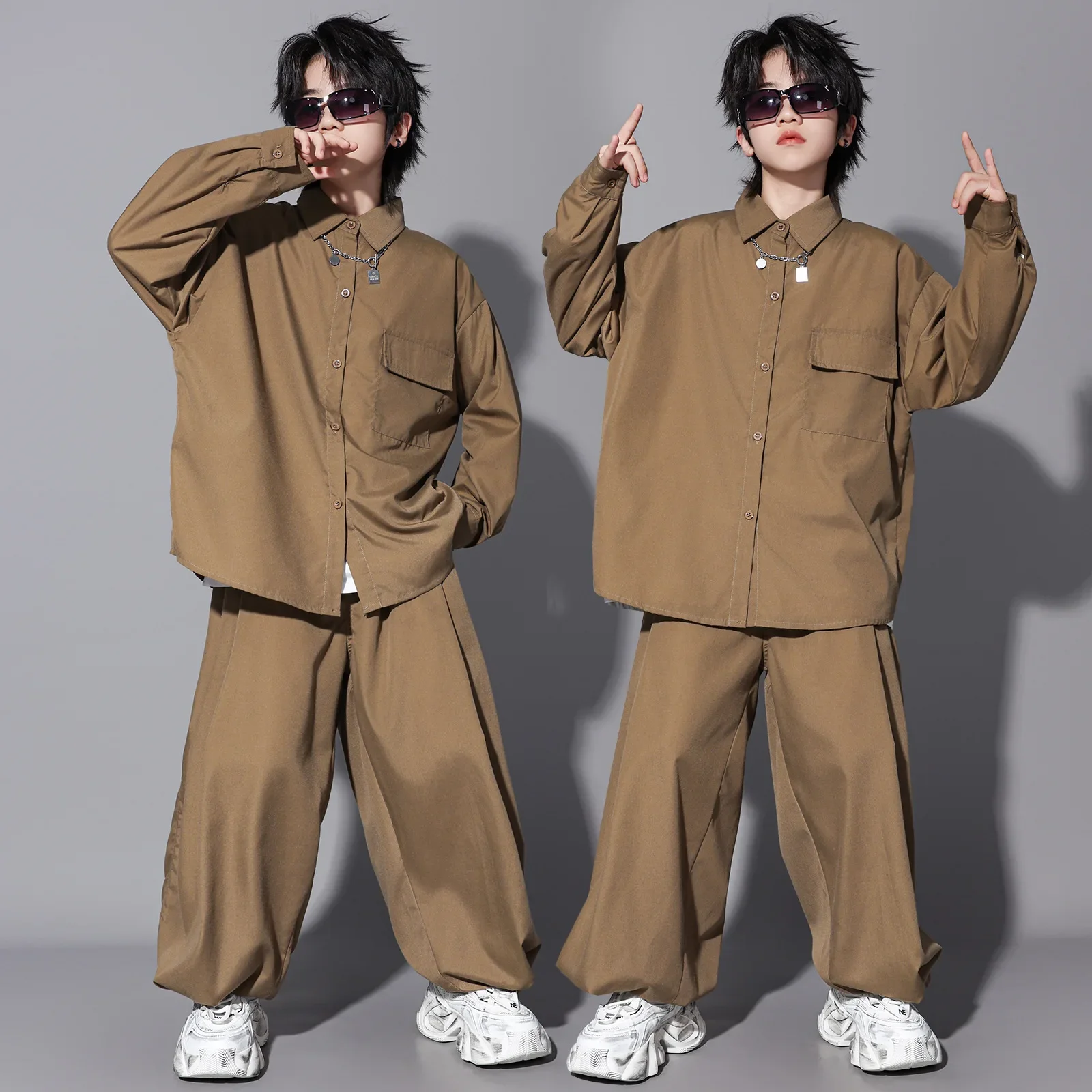 Kids Boys Girls Streetwear Hip Hop Loose Casual Long Sleeve Shirt Pant Sets Tracksuit Children Stage Clothes Performance Costume