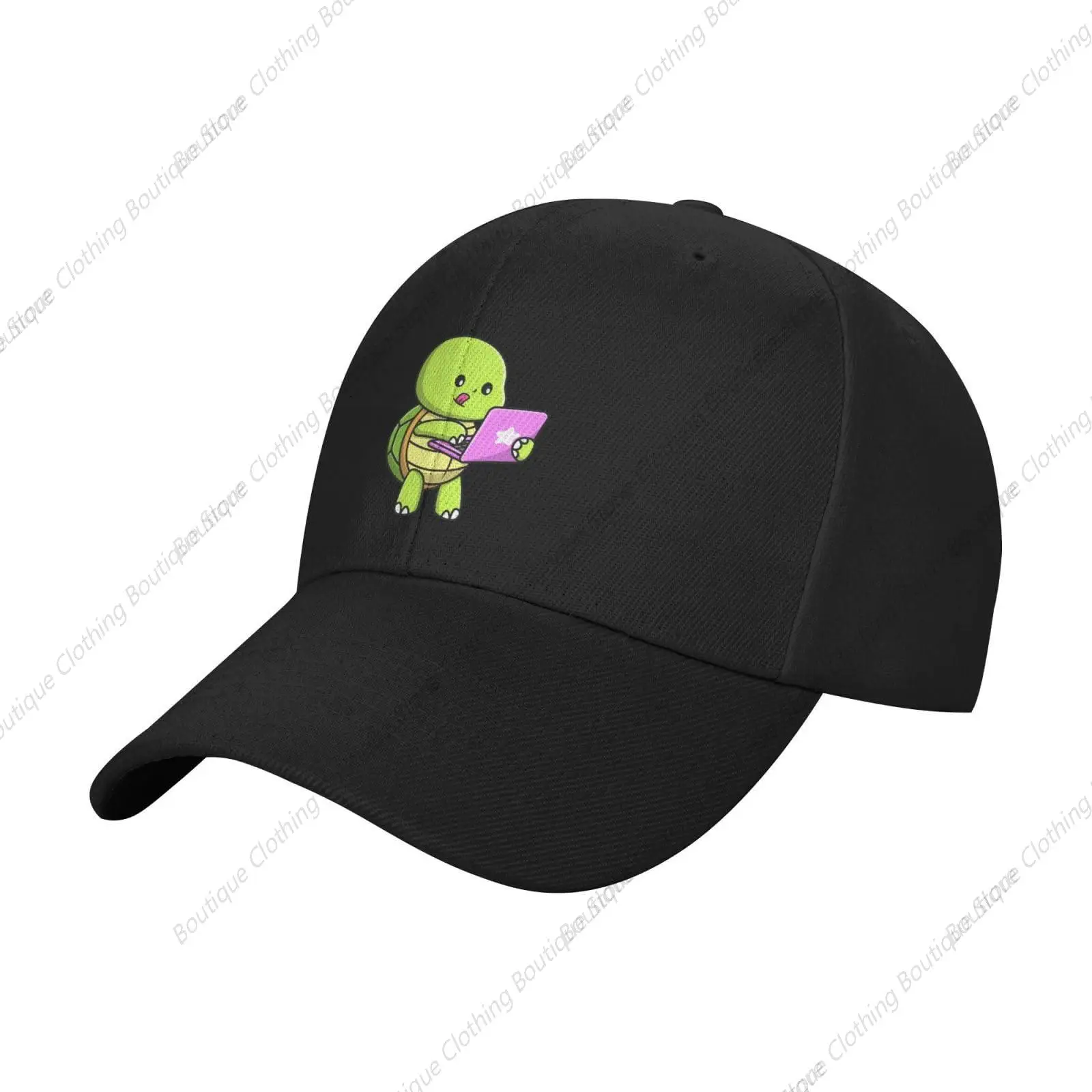 Cute Turtle Playing with Laptop Baseball Cap Women Men Hats Adjustable Trucker Sun Hat Dad Golf Caps Black