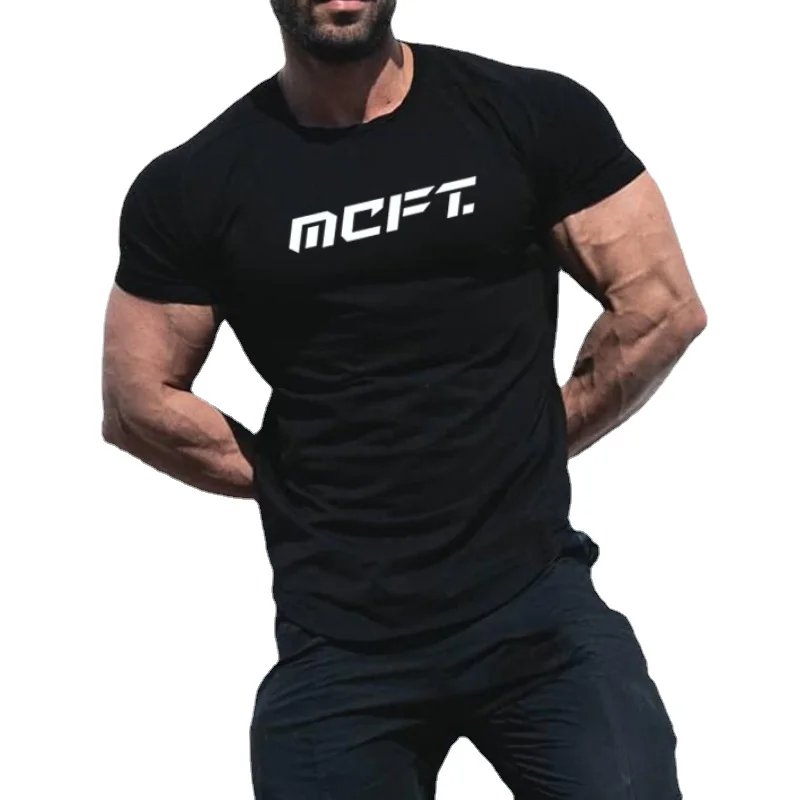 Summer Men New Arrival  Pure Cotton Gym Workout Sports  Letter Printed  Bodybuilding Fitness Cool Short Sleeve Cotton T-shirt