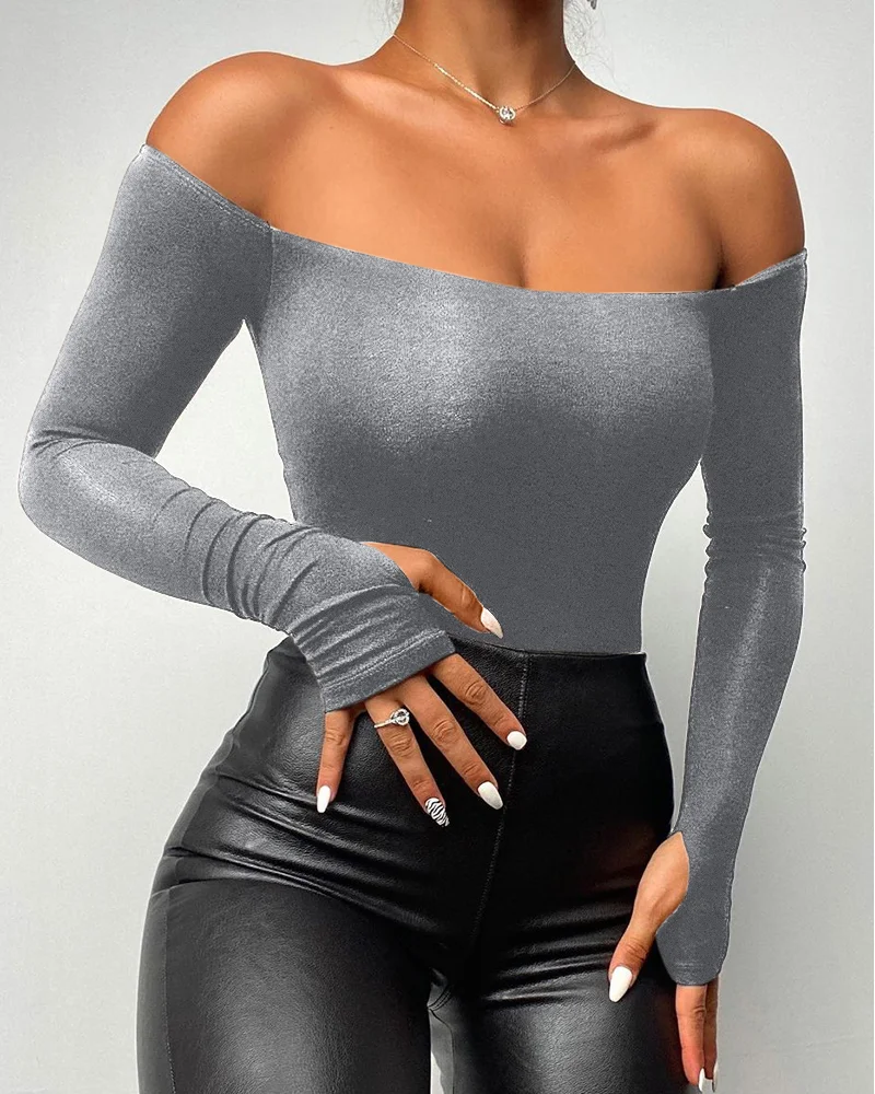 Women Sexy Off Shoulder Long Sleeve Skinny Casual Top Daily Clothing Temperament Commuting Plain Women's Fashion Skinny T-Shirt