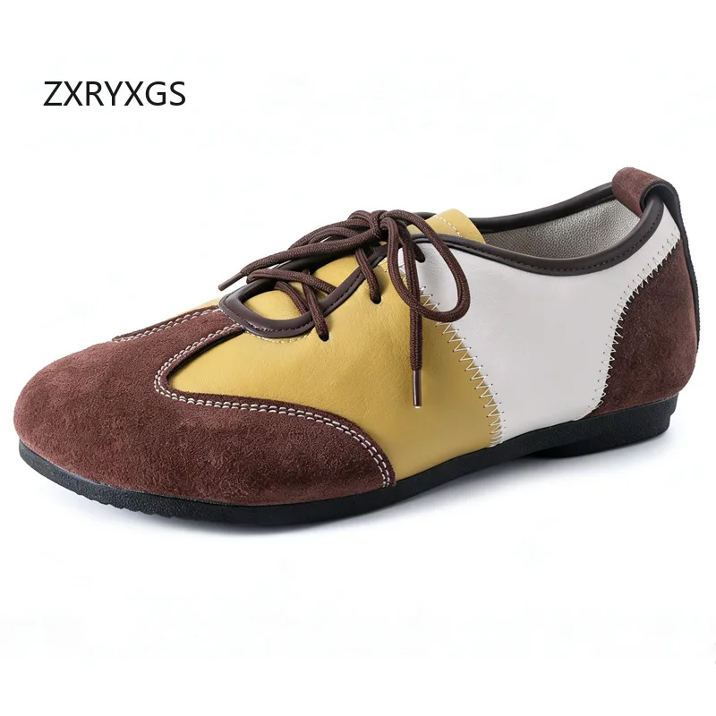 ZXRYXGS Soft Cowhide Spell Color Women Flats Fashion Casual Sneakers 2026 Autumn Lace-up Genuine Leather Shoes Flat Trendy Shoes