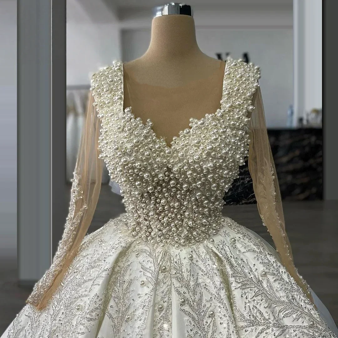 

Customize Princess Wedding Dresses 2026 Illusion Full Sleeve Ball Gown Pearls Beaded Lace Applique Bride vestido de novia boda