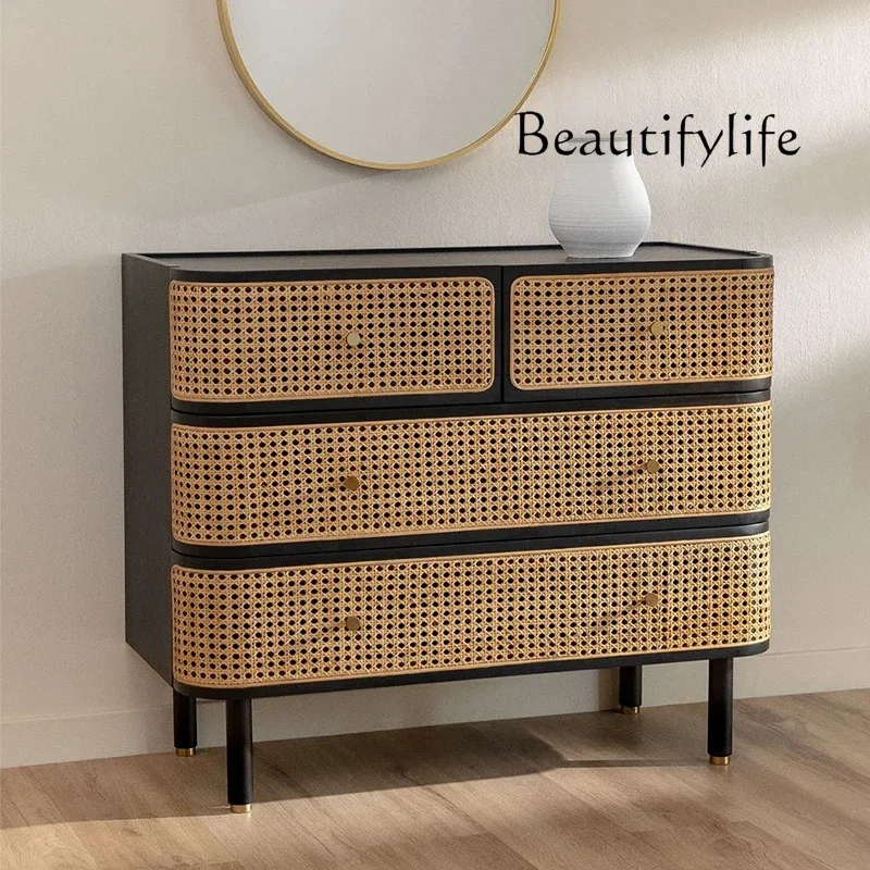 Nordic solid wood retro Teng braided four-chest cabinet household simple storage drawer cabinet