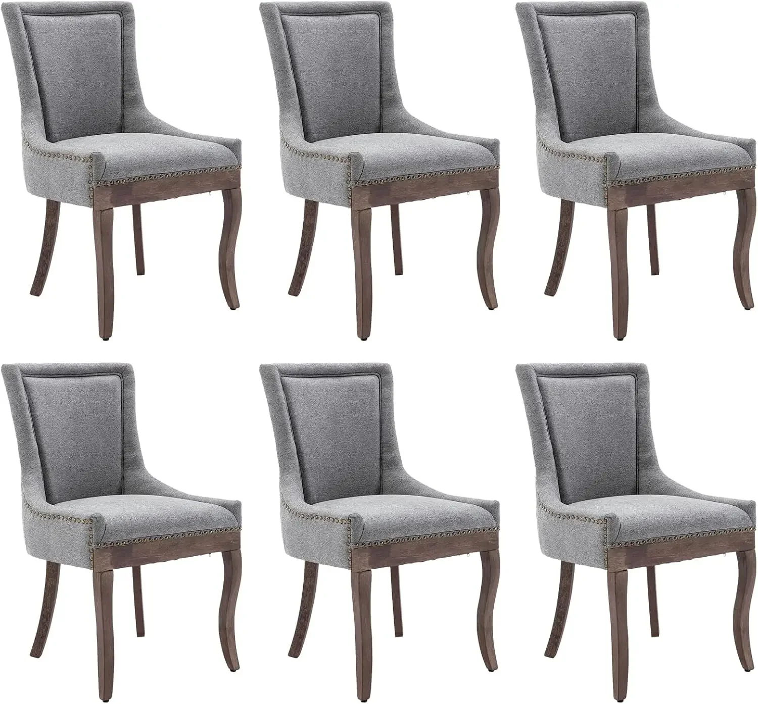 Fabric Vintage Upholstered Side Chairs Set of 6 Farmhouse Solid Wood Kitchen Dining Room Chairs Nailheads Solid Wood Legs (Gray)