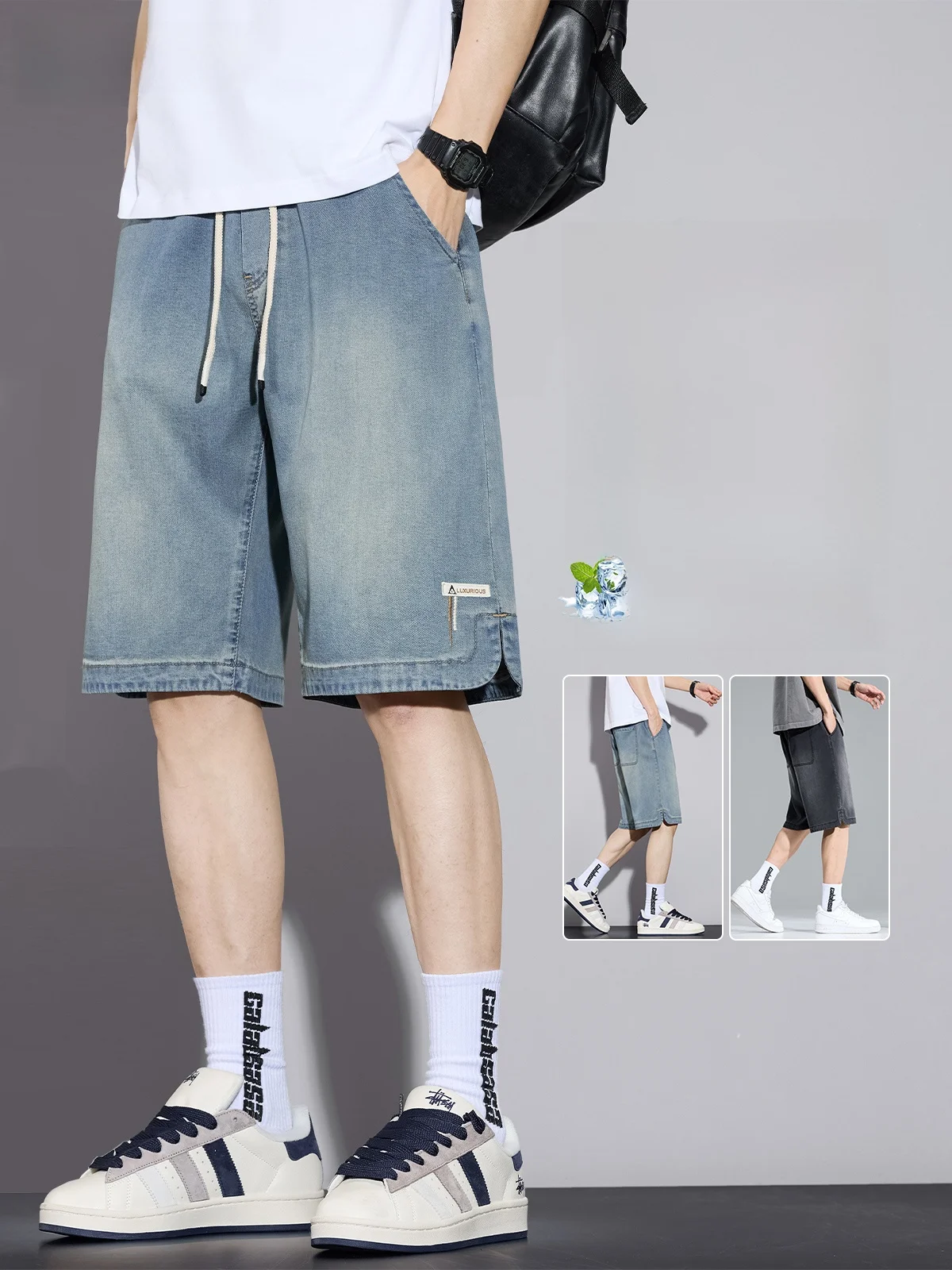 

Denim orts Men's Summer Thin Loose Trendy American Retro New Sle Ice Silk Five-Quarter Pants Casual Straight Leg J...