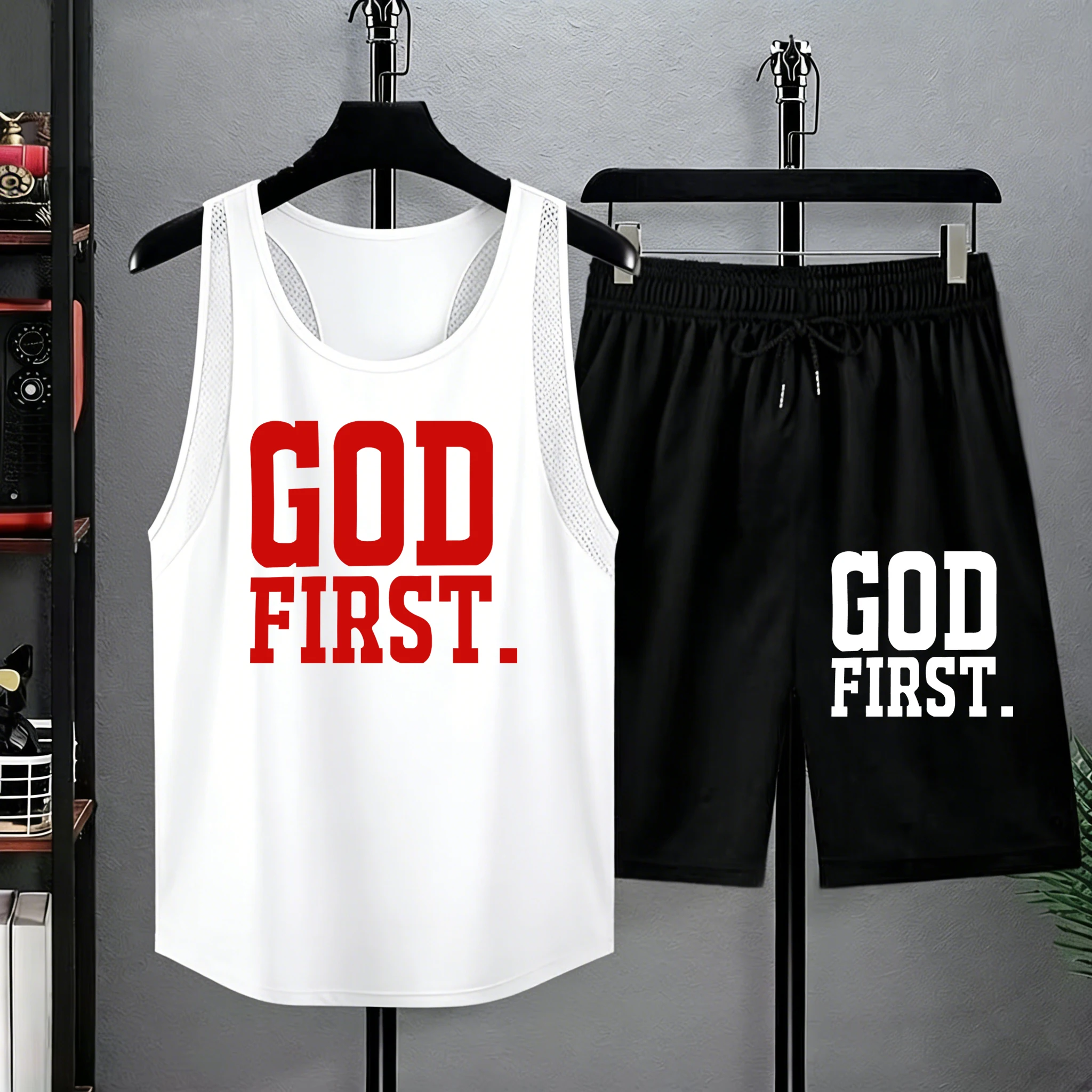 

God First Prints Summer Casual Comfortable Shorts Jogging Lightweight Tank Top Sets Of Men Soft Suitable Vest Commute Pants