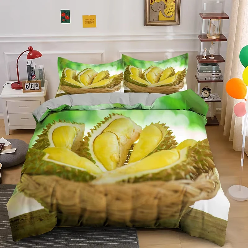 Durian Duvet Cover Kawaii Fruit Bedding Set Tropical Botanical Comforter Cover Twin, King Size For Teen Adult Bedroom Dorm Decor