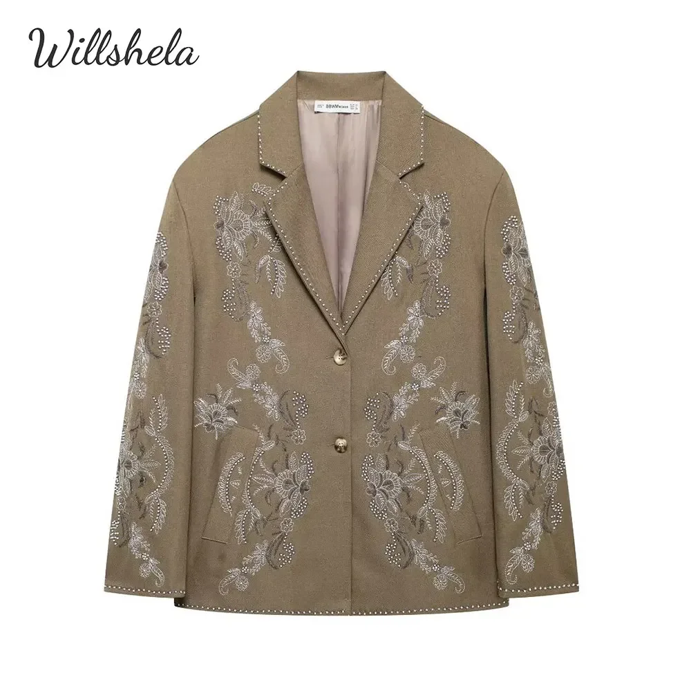 Willshela Giacca da donna ricamata alla moda Colletto dentellato vintage Maniche lunghe Donna Chic Lady Casual Mujer Abiti