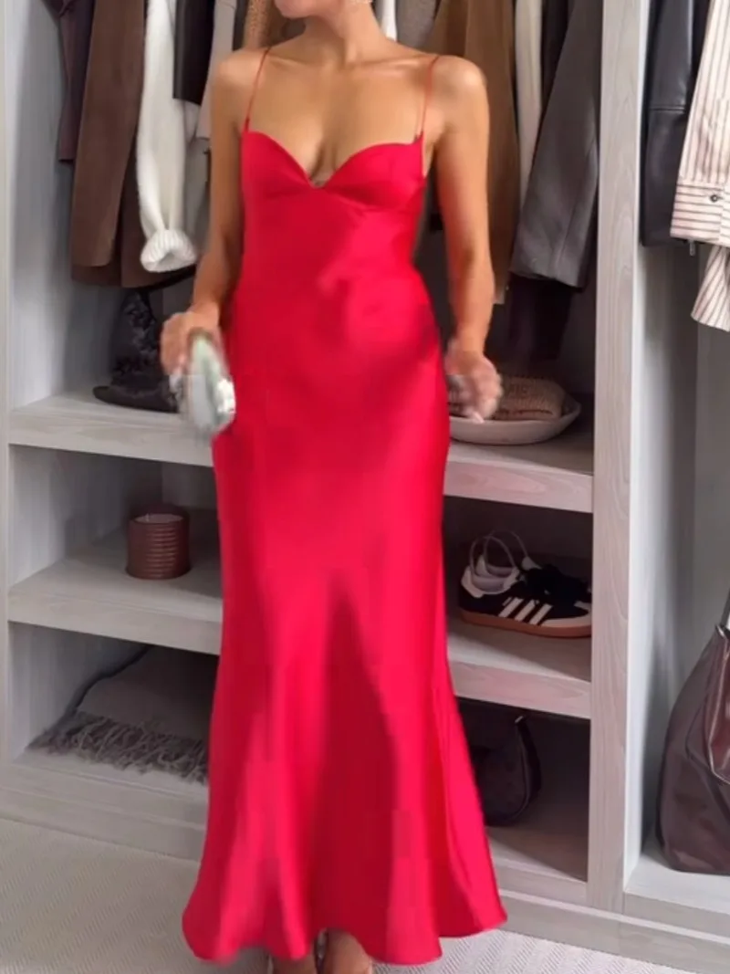 

2025 Women Silk Satin Texture Sleeveless Dress Temperament Sexy Backless Strapless V-neck Solid Long Dress Women Elegant Summer