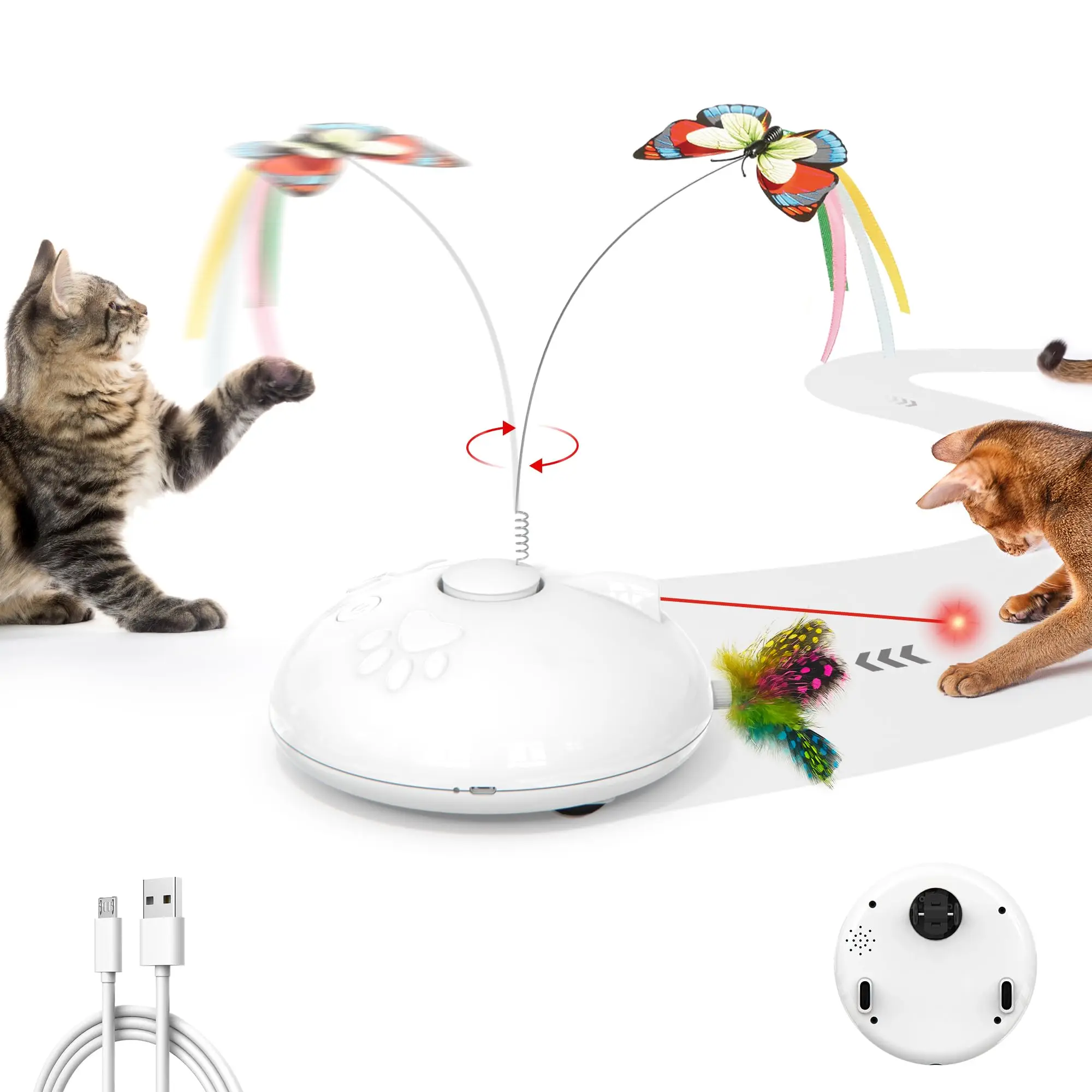 Electric Running Cat Laser Toys Interactive, Fluttering Butterfly, 4 in1 Rechargeable Automatic Kitten Toy, Colored Feather