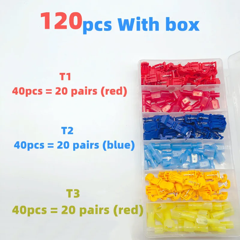 60/120PCS Boxed,T-type Crimp Terminal,Wire Connection Clip Quick ,Peel-Free Insulated Electrical Connector,Plug-in Wire Terminal