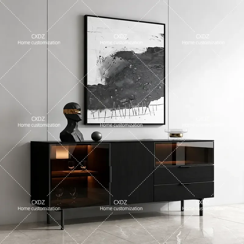 Modern Glass Dining Side Cabinet with LED Light Luxury Entryway Wine Storage Display Unit Living Room Wall Mounted Tea Locker