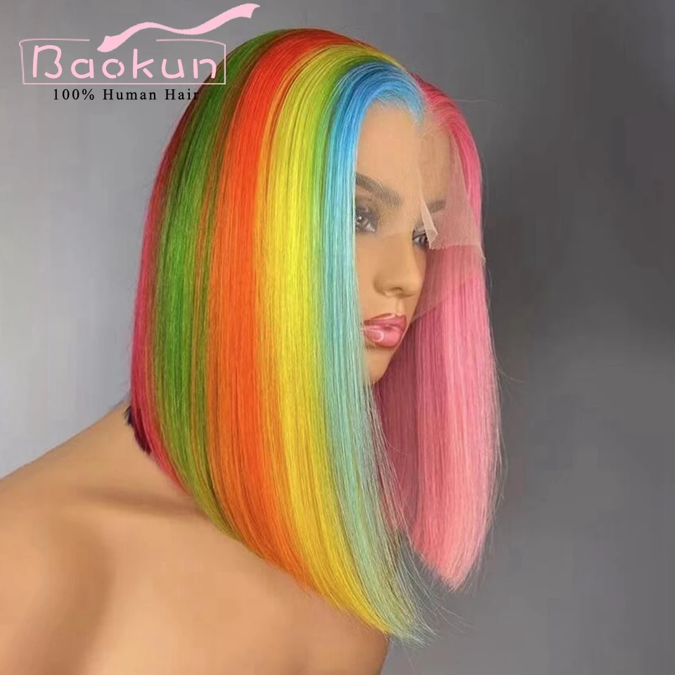 Perruque Bob Lace Front Wig sans colle naturelle, cheveux lisses, arc-en-ciel, 13x4, 13x6 HD, bleu, rouge, rose, à reflets