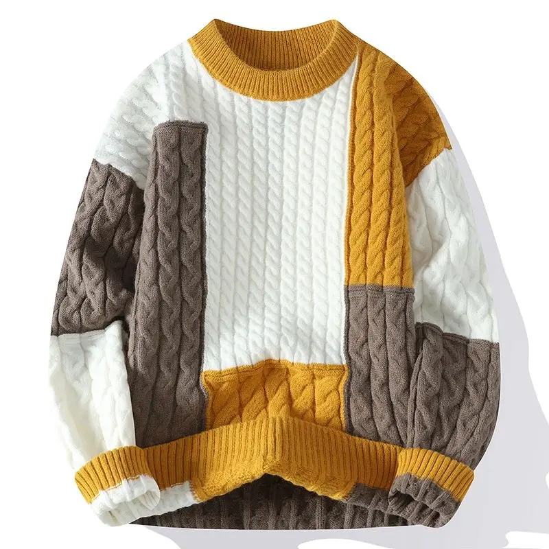 

2025 New Men's Autumn Winter Overhead Knitwear Loose round Ne Splicing Faionable Casual Polyester Fiber Long Sve Top